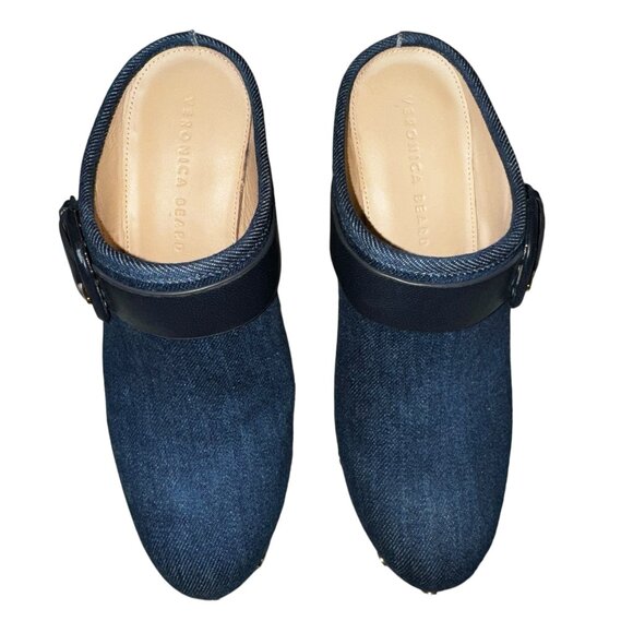 Like new Veronica Beard Dacey Denim & Navy Blue Leather Buckle Clogs Siz… - Picture 5 of 8